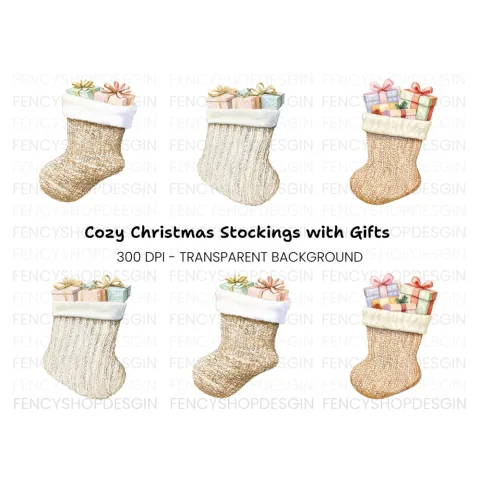 Christmas Stockings with Gifts Clipart Bundle