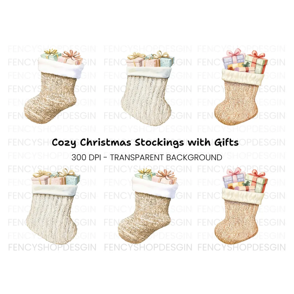 Christmas Stockings with Gifts Clipart Bundle