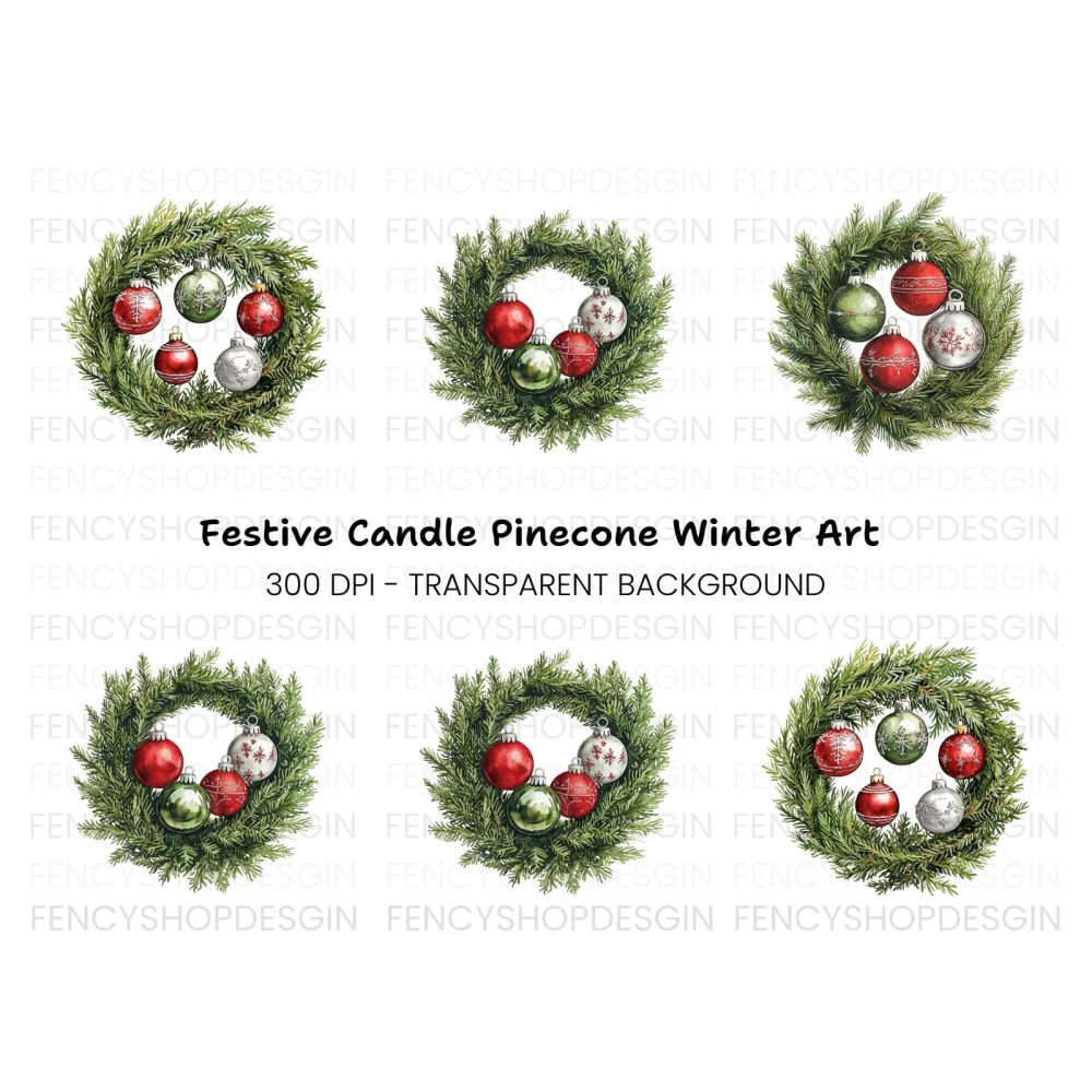 Christmas Wreaths with Ornaments Clipart Bundle