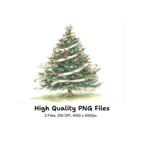 Festive Christmas Tree and Pink Leaves Clipart Bundle
