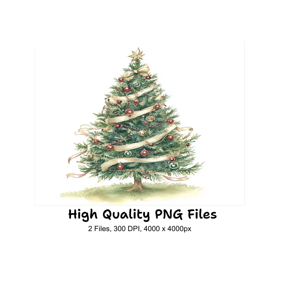 Festive Christmas Tree and Pink Leaves Clipart Bundle