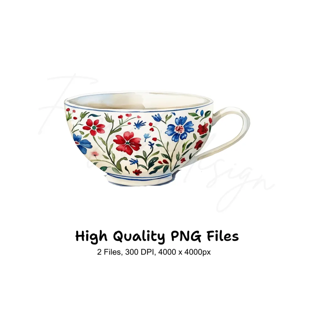 Vibrant Folk Floral Tea Cups Clipart Bundle