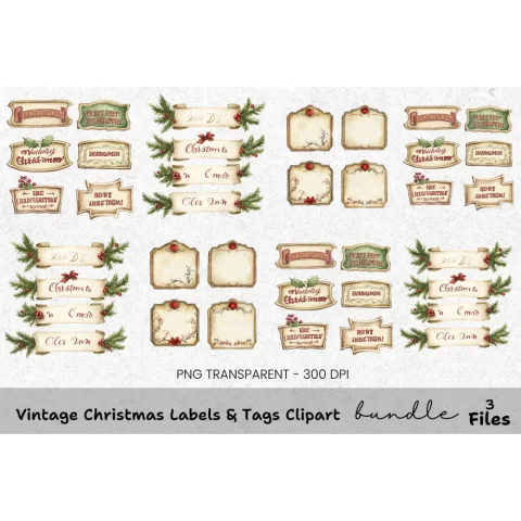 Vintage Christmas Labels Tags Clipart Bundle