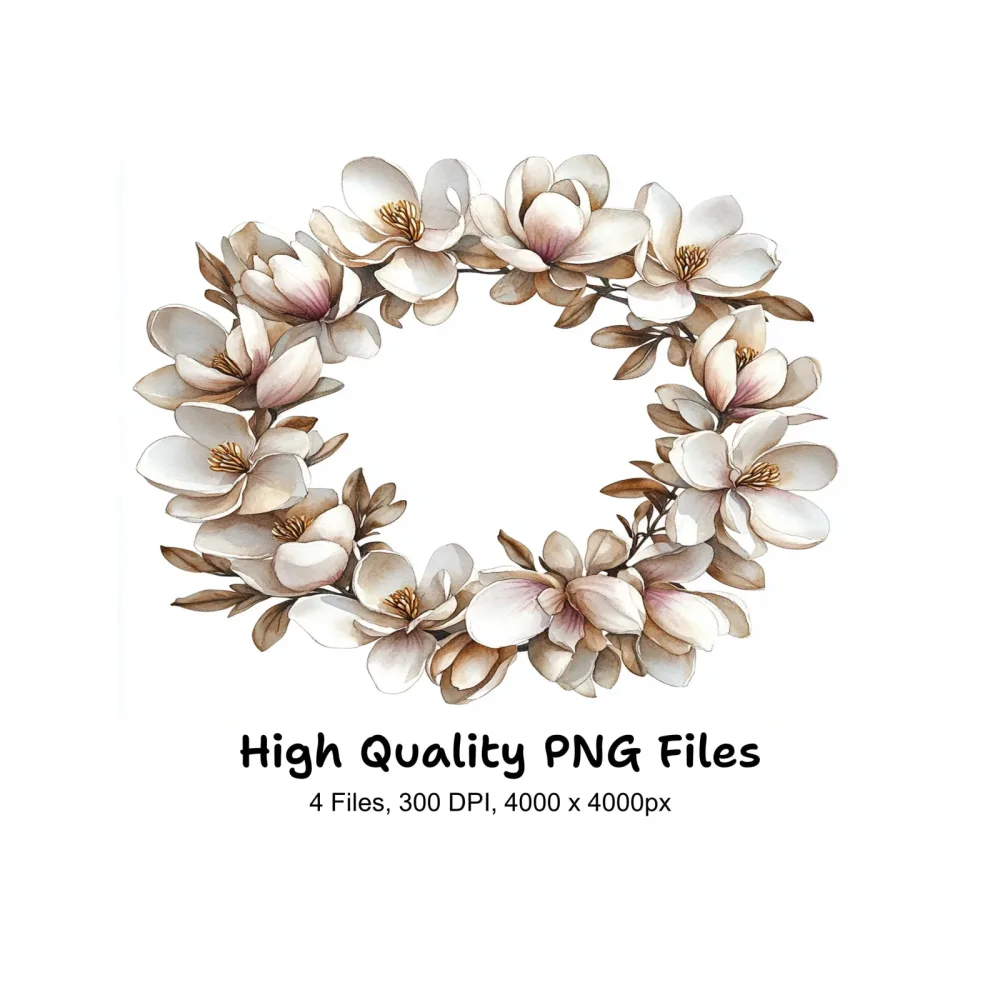 Elegant White Magnolia Wreath Clipart Bundle