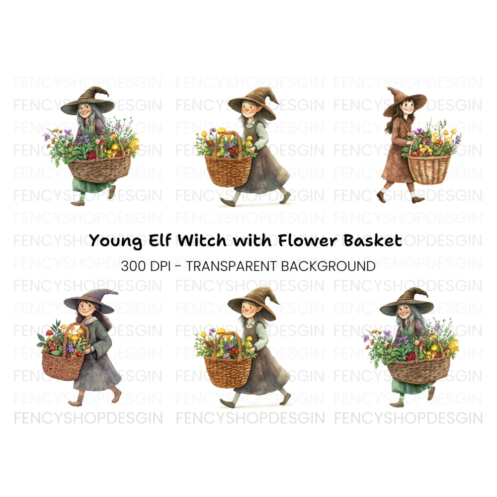 Cute Witches with Flower Baskets Clipart Bundle