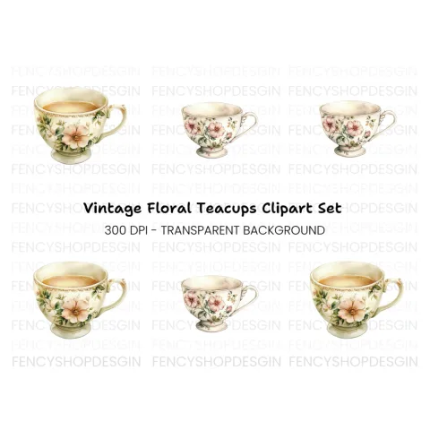 Elegant Floral Teacups Clipart Bundle