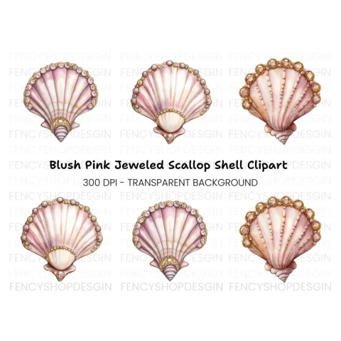 Pink Seashells with Gold Gem Clipart Bundle