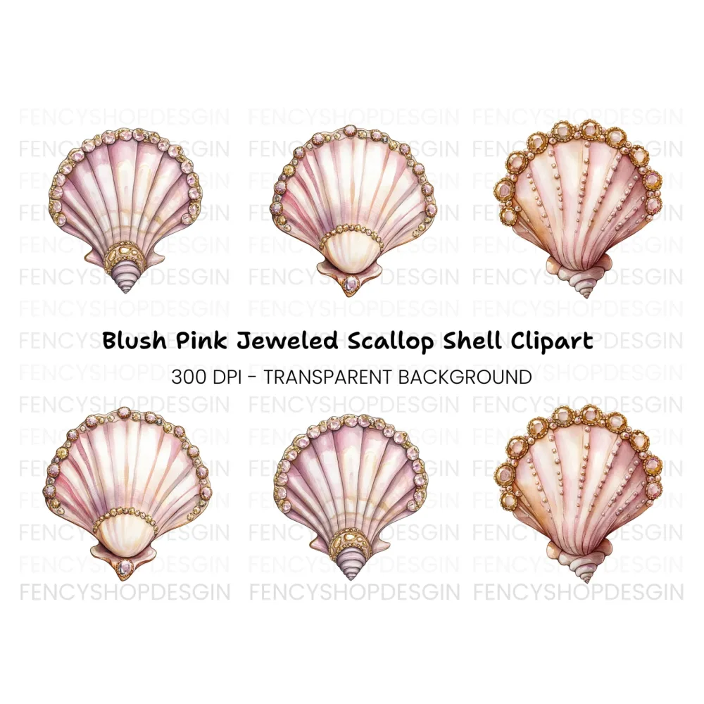 Pink Seashells with Gold Gem Clipart Bundle