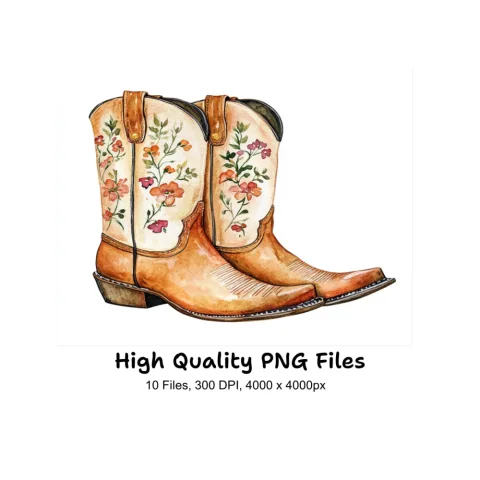 Rustic Floral Western Boots Clipart Bundle