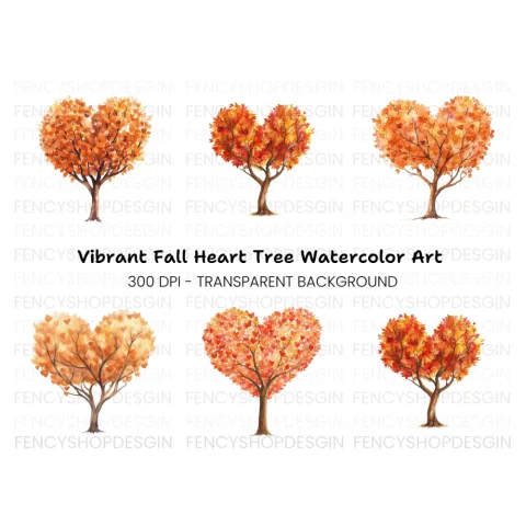 Autumn Heart Trees Clipart Bundle
