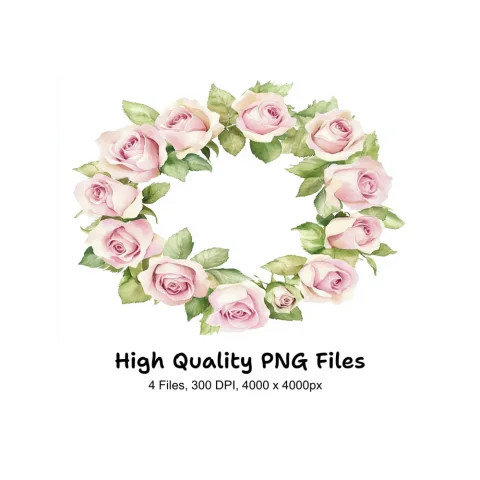 Elegant Pink Rose Wreath Clipart Bundle