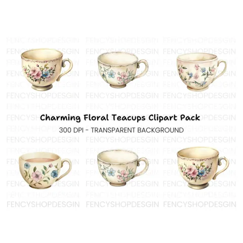 Vintage Floral Teacups Clipart Bundle