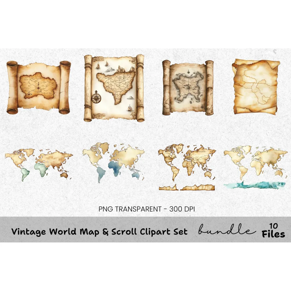 Vintage World Map Scroll Clipart Bundle