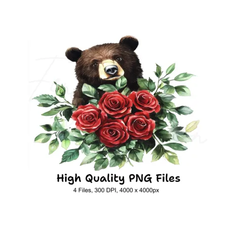 Brown Bear with Red Rose Bouquet Clipart Bundle