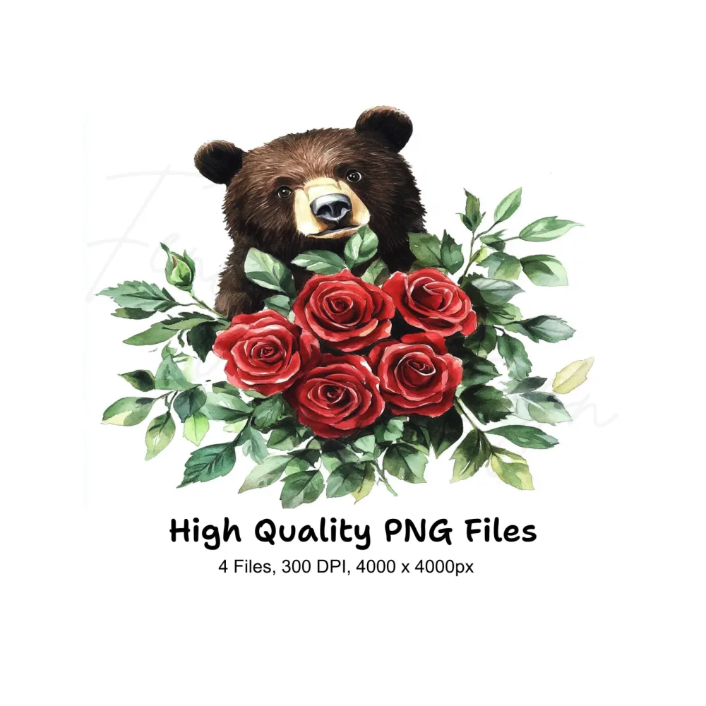 Brown Bear with Red Rose Bouquet Clipart Bundle