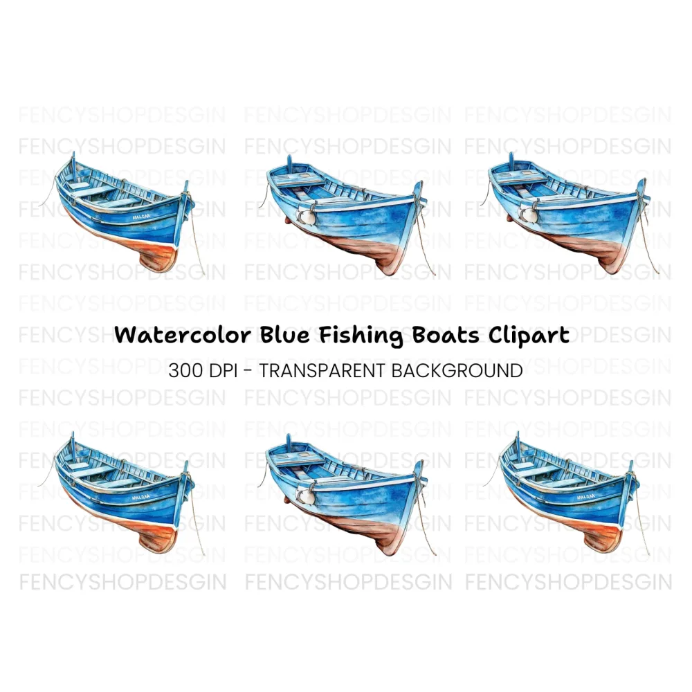 Blue Fishing Boats Clipart Bundle