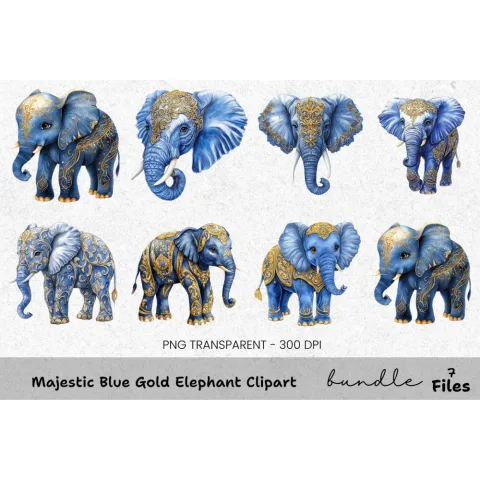 Majestic Blue Gold Elephant Clipart Bundle