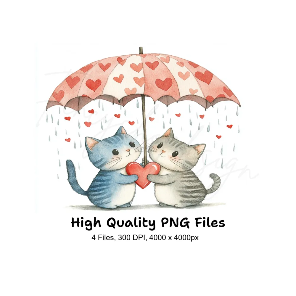Kitten Couple Under Umbrella Clipart Bundle