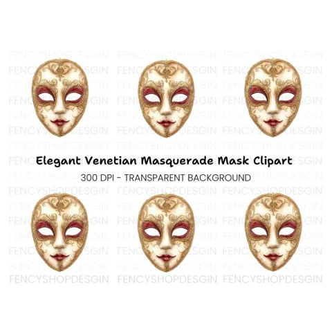 Regal Gold Red Venetian Mask Clipart Bundle