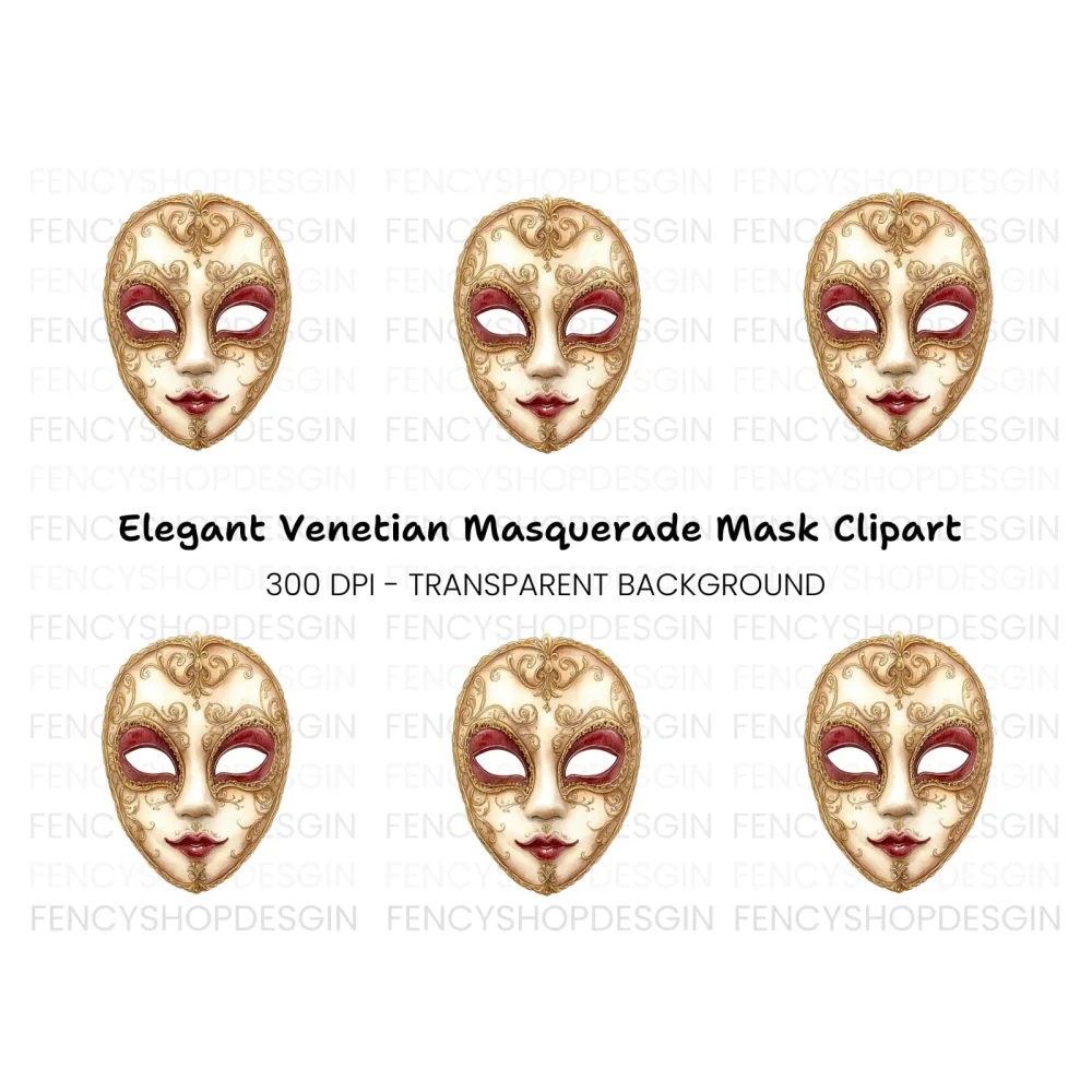 Regal Gold Red Venetian Mask Clipart Bundle