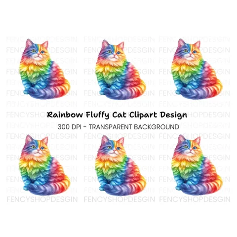 Rainbow Fluffy Cat Clipart Bundle