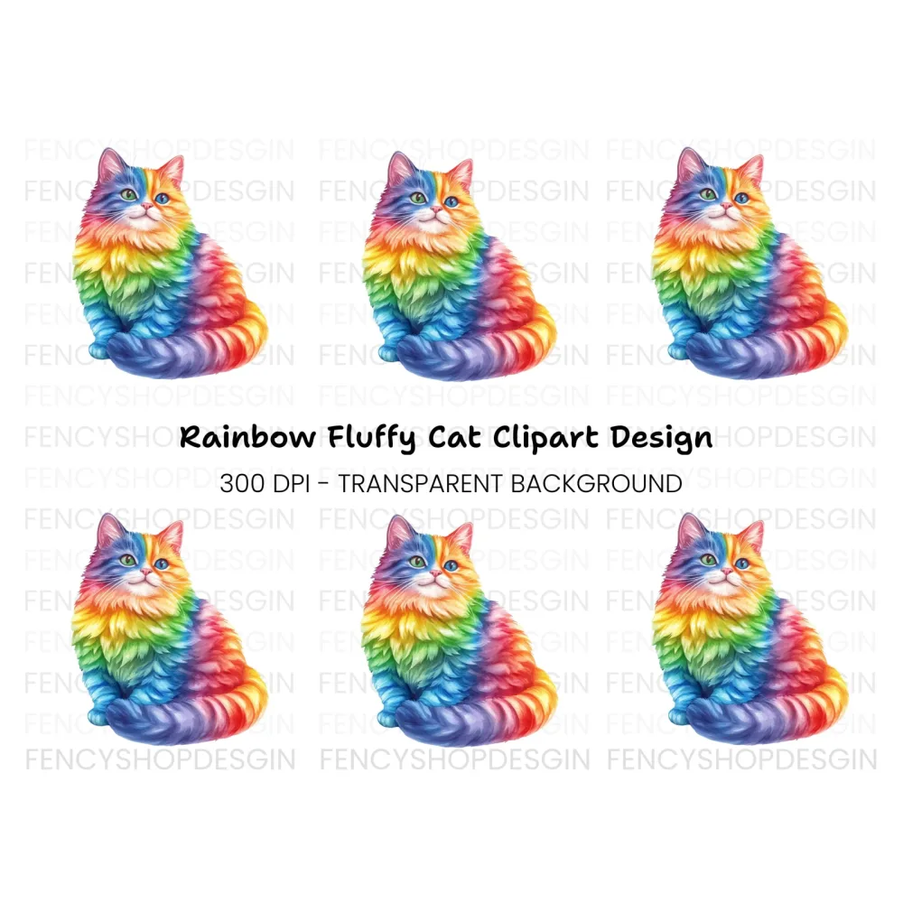 Rainbow Fluffy Cat Clipart Bundle
