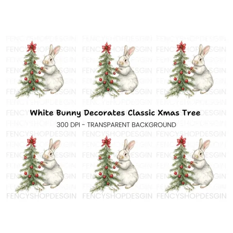 Cute Bunny Decorating Christmas Tree Clipart Bundle