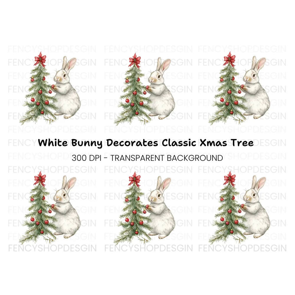 Cute Bunny Decorating Christmas Tree Clipart Bundle