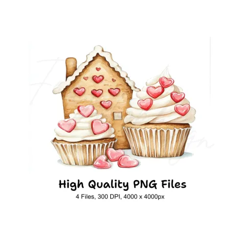 Valentine Gingerbread House Cupcakes Clipart Bundle