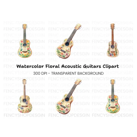 Floral Acoustic Guitar Clipart Bundle