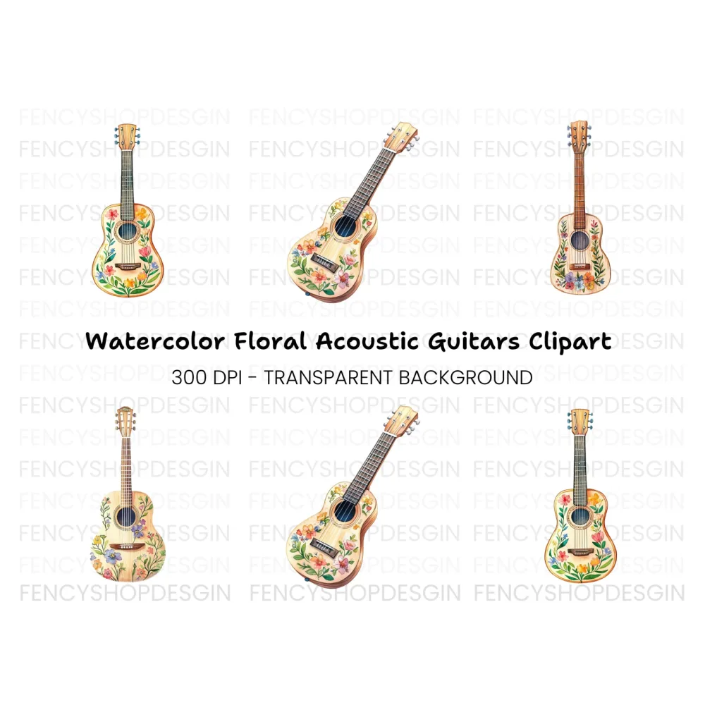 Floral Acoustic Guitar Clipart Bundle
