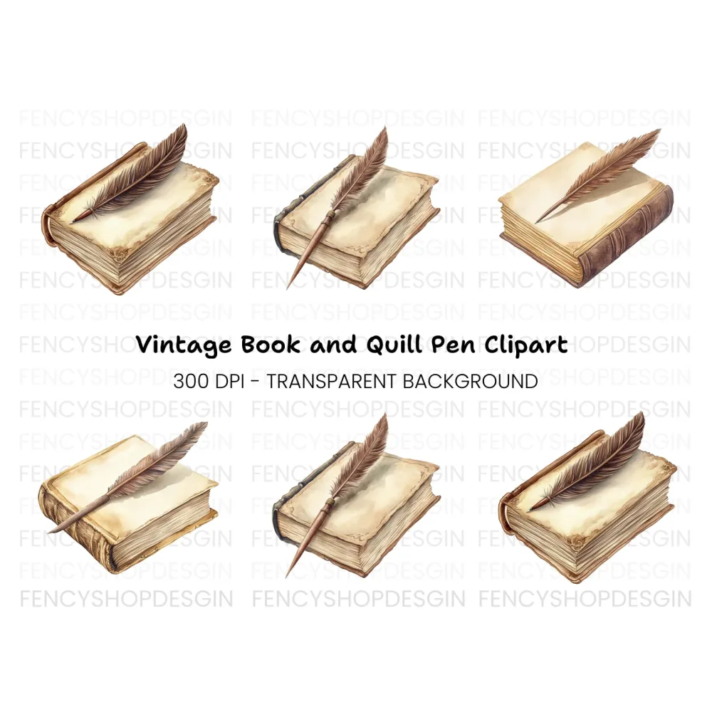 Vintage Books and Quill Pens Clipart Bundle