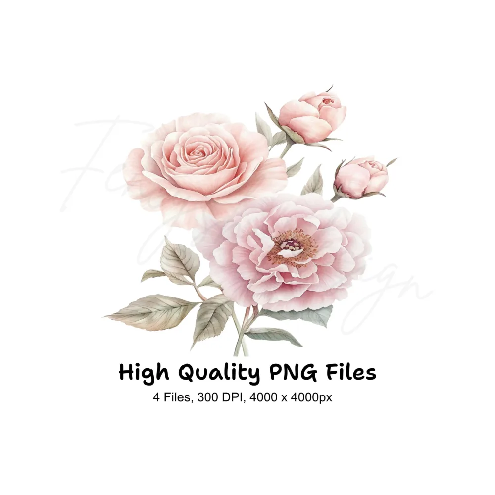 Pink Peony Rose Clipart Bundle