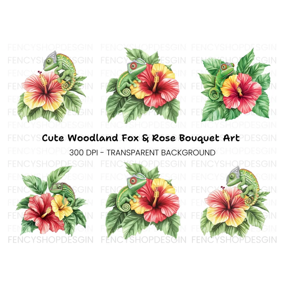 Cute Chameleon on Hibiscus Clipart Bundle