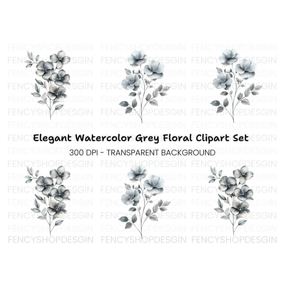 Subtle Grey Flower Bouquets Clipart Bundle