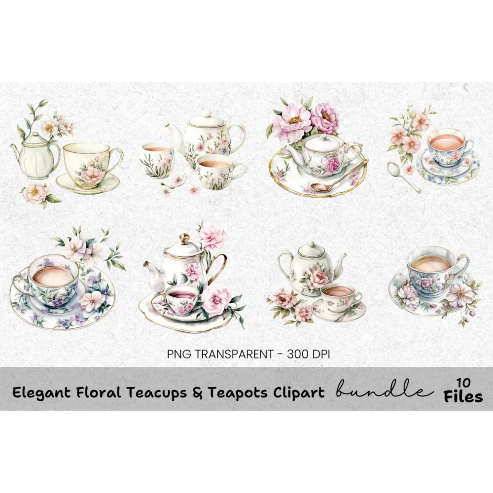 Elegant Floral Teacups & Teapots Clipart Bundle