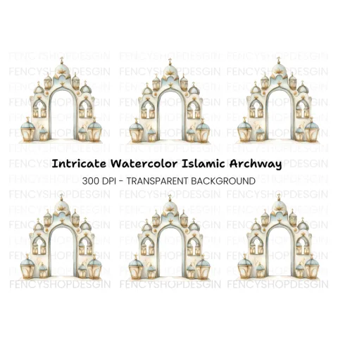Ornate Islamic Arch with Lanterns Clipart Bundle