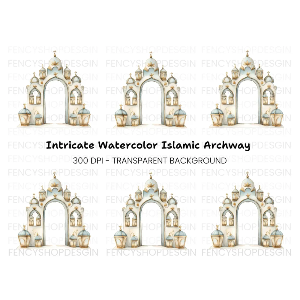 Ornate Islamic Arch with Lanterns Clipart Bundle