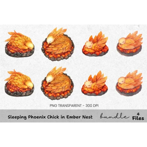 Sleeping Phoenix Chick in Ember Nest Clipart Bundle