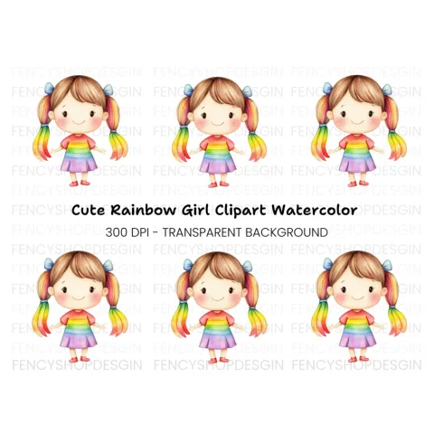 Cute Rainbow Hair Girl Clipart Bundle