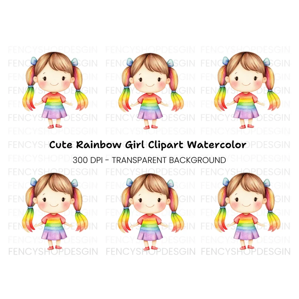 Cute Rainbow Hair Girl Clipart Bundle