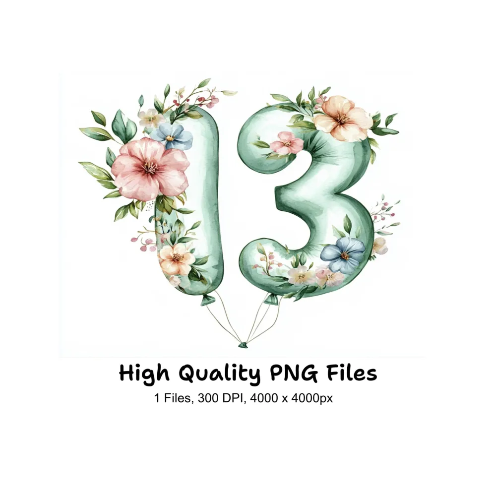 Floral Number 13 Balloon Clipart Bundle
