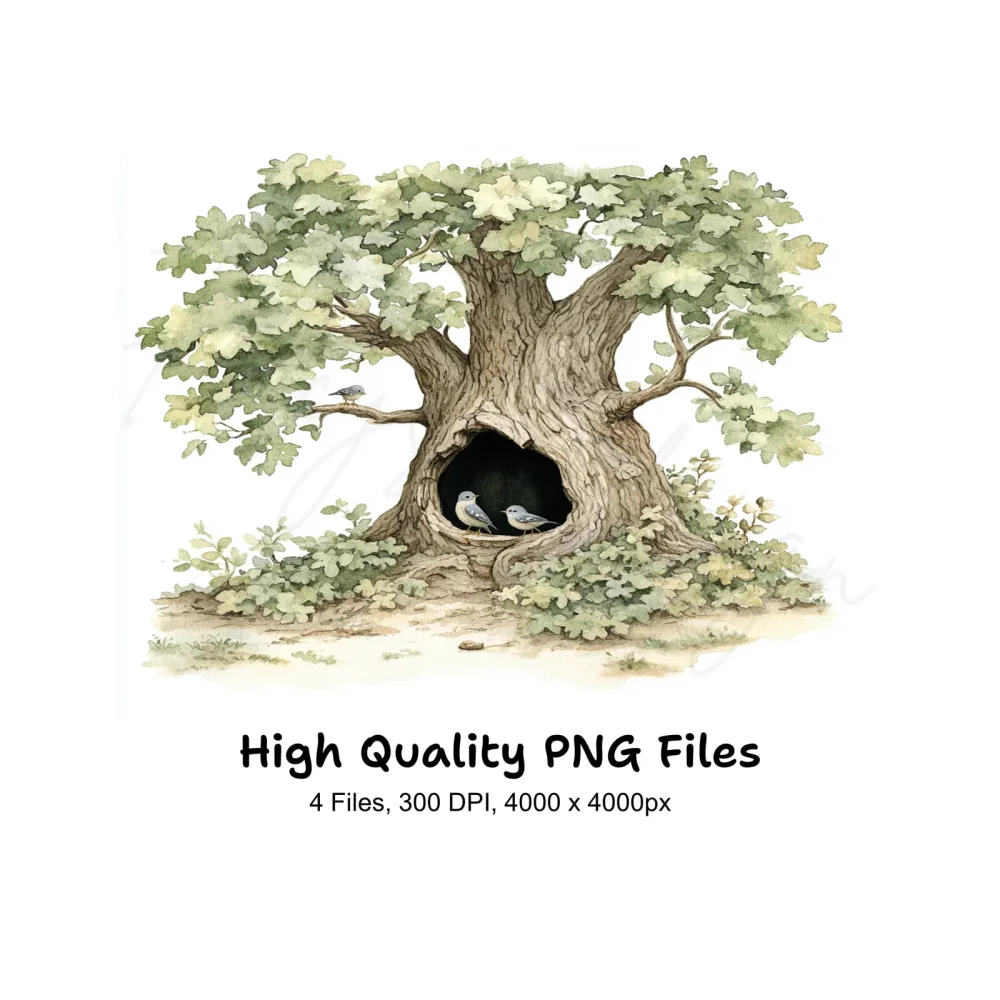 Hollow Tree with Birds Clipart Bundle