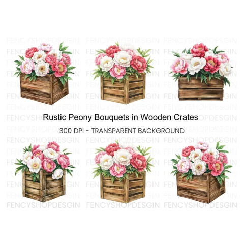 Peony Bouquets in Rustic Wooden Crates Clipart Bundle