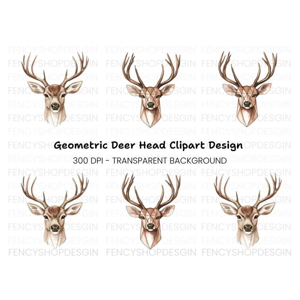 Deer Head Geometric Realistic Clipart Bundle