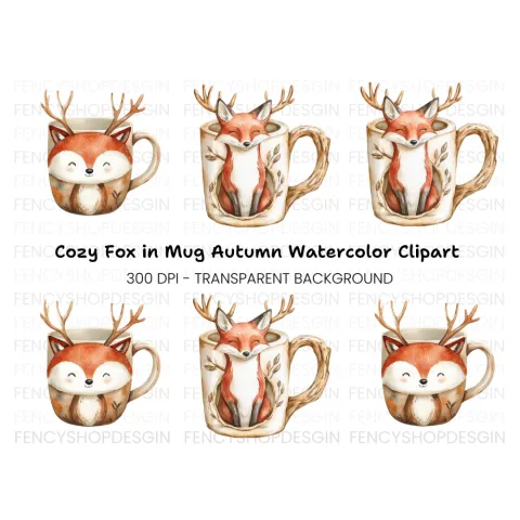 Cute Fox and Deer Mugs Clipart Bundle