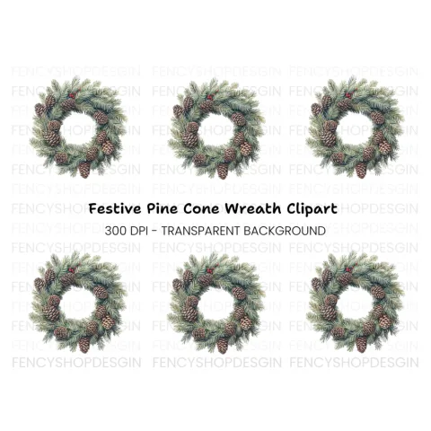 Christmas Pine Cone Wreath Clipart Bundle
