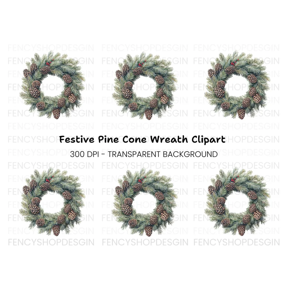 Christmas Pine Cone Wreath Clipart Bundle