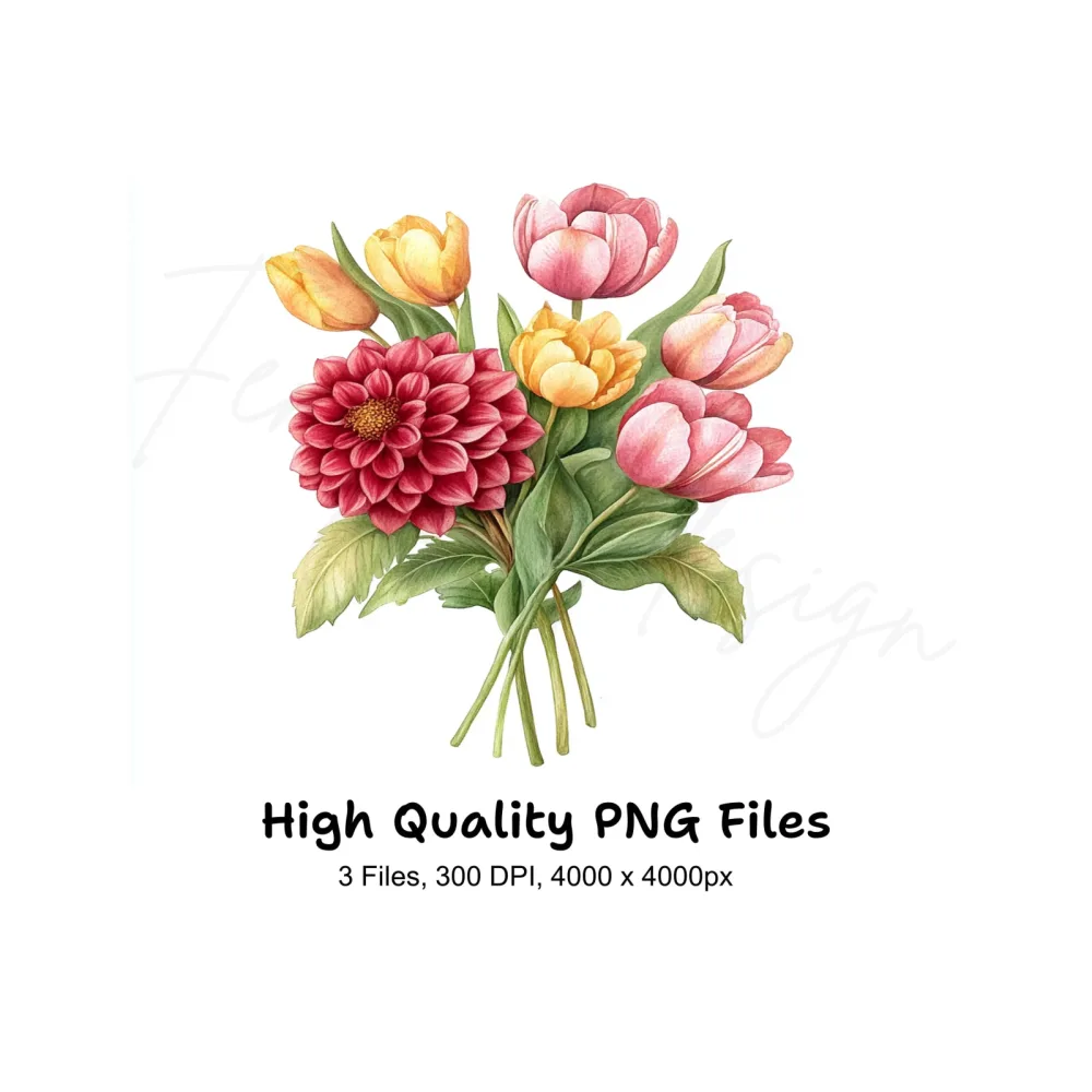 Dahlia and Tulip Bouquet Clipart Bundle
