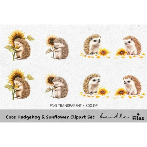Cute Hedgehog Sunflower Clipart Bundle